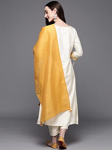 Image of INDO ERA Women's Pure Cotton Floral Printed A-line Kurta Palazzo with Dupatta Set (ERERE2455 Off White XS to 2XL-Size)