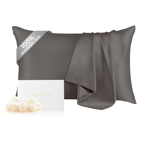 THXSILK 100% Mulberry Silk Pillowcase for Hair and Skin, Both Sides Grade 6A+ Pure Natural Silk Pillowcase, Soft Breathable Zipper Pillow Case Queen Size 20"x30", Dark Grey