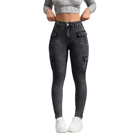 Women's Skinny Cargo Jeans with Side Flap Pockets, High Stretch Denim, and Zipper Fly Closure