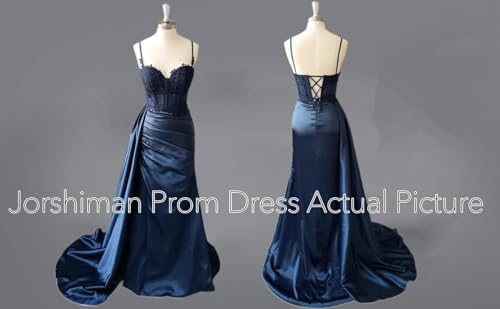 Spaghetti Strap Satin Prom Dresses Long Mermaid Lace Formal Gowns Corset Evening Party Dresses with Slit3