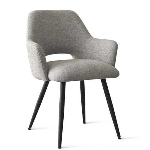 Image of Finch Fox Motel Luxurious Home Collection Upholstery Fabric Arm Dining Room Chairs in Light Grey Color with Black Metal Powder Coated Legs (Set of 2)