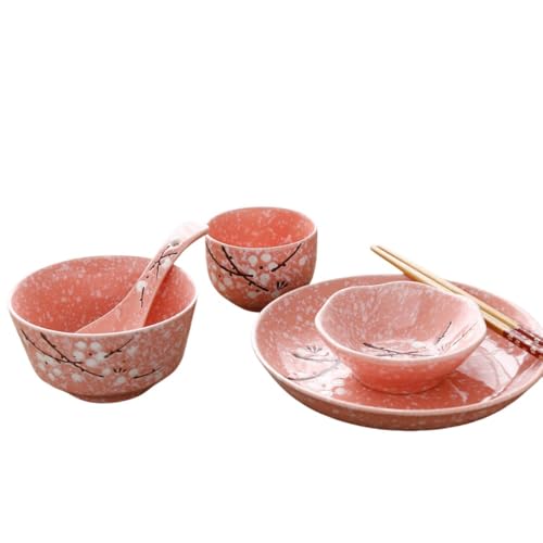 Farigrut 一人暮らし用食器6点セット 食器セット 箸付きディナーセット1人用 6点食器セット 飯碗、受け皿、箸、野菜皿、家庭用陶器食器 (ピンク)