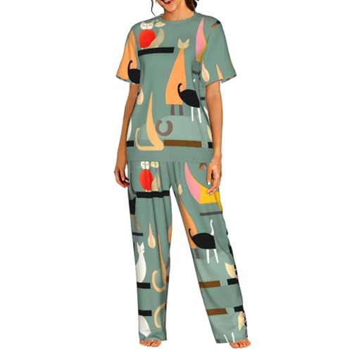 Pyjama doux femme imprimé chat vintage vêtement de nuit confortable mi-saison