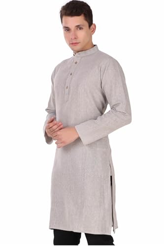Image of Amazon Brand - Anarva Men's Handloom Cotton Solid Kurta Long Sleeves Straight Knee Length Long Shirt