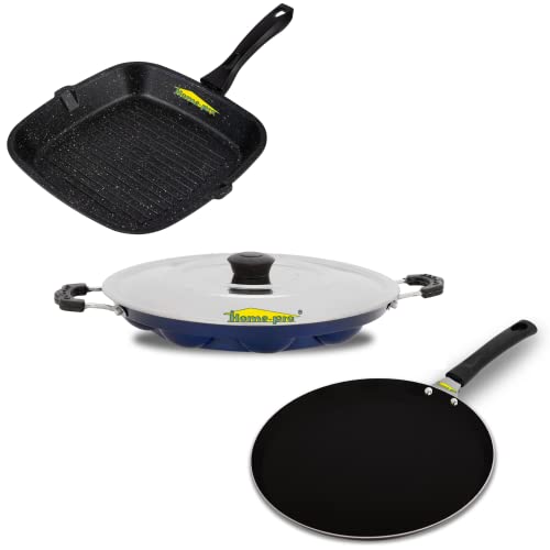 Image of Home-Pro - Grill Pan, Dosa Tawa Black & Appam Blue | Non Stick Combos | Pot Pan Set | Aluminium Set | Bakelite Handle | Combo Pack of 3