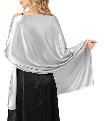 Murmorers Women Satin Shawl Wrap for Evening Dresses - Silky Long Scarf for Wedding Dress Cover Up Formal Parties Events Bridesmaid Gifts Silver