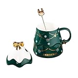 Hohopeti Taza Cerámica Navideña con Tapa y Diseño Árbol de Navidad Vaso para Agua con Asa Regalo Original para Fiestas y Uso Doméstico