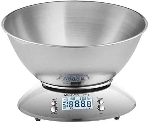 Electronic Scales 11lb/5kg Kitchen Stainless Steel Digital Cooking Food with Detachable Mixing Bowl Ambient Temperature Sensor and Timer Alarm Backlight LCD D (Silver 5kg/1g) (Silver 5kg/1g)