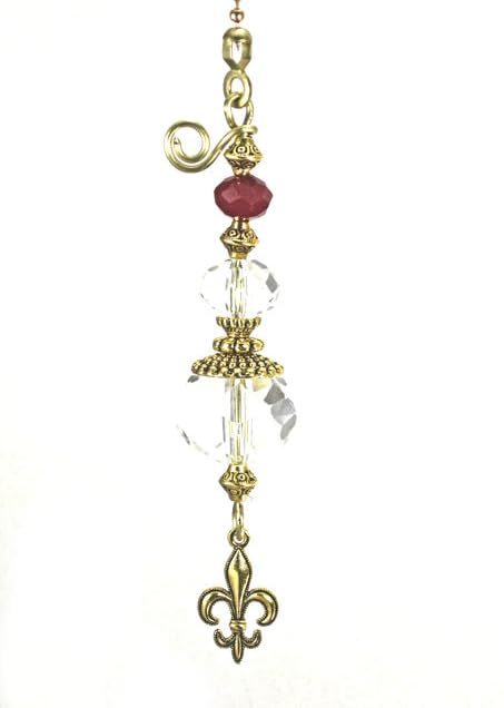 Image of Brass Fleur de Lis and Burgundy Faceted Glass Fan Pull /Light Pull