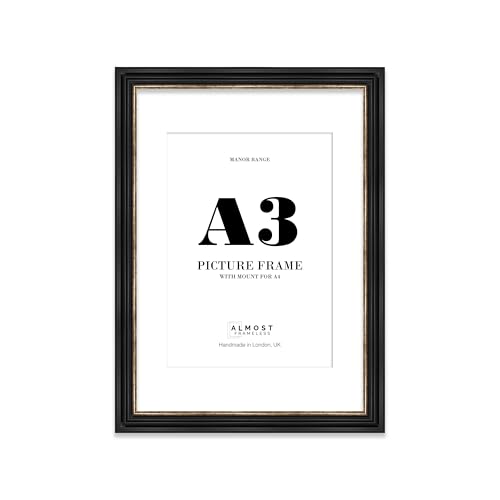 A3 Black and Gold Picture Frame - A3 Frame with A4 Mount for A3/A4 Pictures Classic Style Frame for Home Décor, 1 Pack