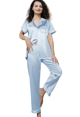 Image of WJing Yi Jia Womens Pajamas Set XS-4XL Floral Silk Satin Pajama Sets Silky Pj Sets 2Pcs Loungewear Sleepwear Button Down Pjs