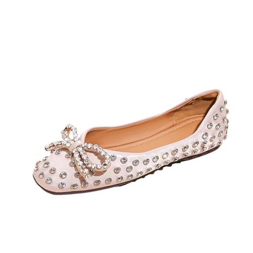 Women's Rhinestone Bowknot Casual Flats Elegant Square Toe Rivet Soft Sole Non-Slip Ballet Loafers for Party, Date, Casual