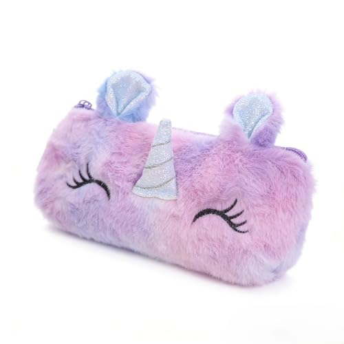 Lunchneoo Estojo grande de pelúcia de unicórnio tie-dye, bolsa de armazenamento multifuncional de pele sintética macia e fofa, bolsa de maquiagem estética fofa para escola, viagem, escritório, rosa