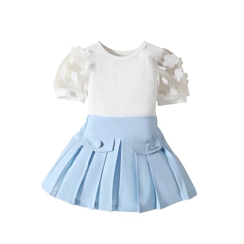 Toddler Baby Girl Skirts Outfit Spring Summer Kids Clothes Sleeveless Knit Vest Top + Pleated A-Line Skirt Set (Mesh Petal Sleeve + Blue, 5-6 Years)