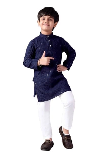 Image of Valaki Kurta Pajama Set for Boys Cotton Blend Mirror Work Embroidery Kurta Pyjama for Boys