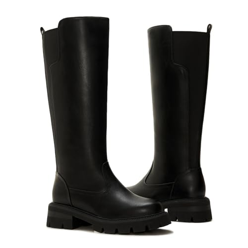 ZXHYZLZ Women's Wide Calf Knee High Platform Boots Leather Look Chunky Sole Tall Boots with Stretch Back Slip-On Comfortable Fall Winter Shoes4