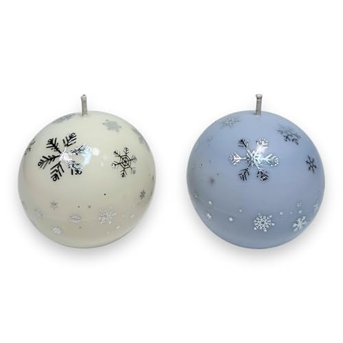 Set of 2 Christmas Sphere Candles – White & Blue with Snowflakes – Festive Holiday Decor & Gift