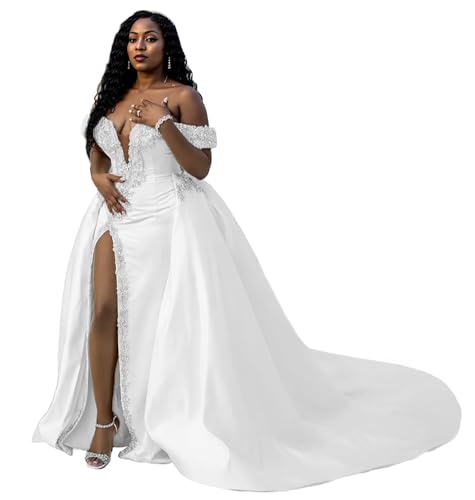 Off Shoulder Crystals Beaded Wedding Dress Mermaid Satin Long Slit Wedding Gown with Detachable Train ZDH04