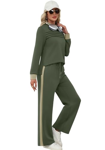 Image of WIHOLL Two Piece Sets for Women Fall Travel Vacation Outfits 2026 Long Sleeve Lounge Sets Side Slit Wide Leg Pants XS-3XL