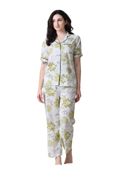 ao services Women's Satin Pajama Set, White with Yellow Floral Print, Short Sleeve Button-Up Top with Pants, Sleepwear Nightwear-picture-18