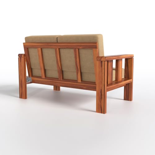Image of Solid Wood 2 Seater Sofa with Beige Cushion | Sheesham Wooden Sofa Set for Living Room in Natural Teak Finish