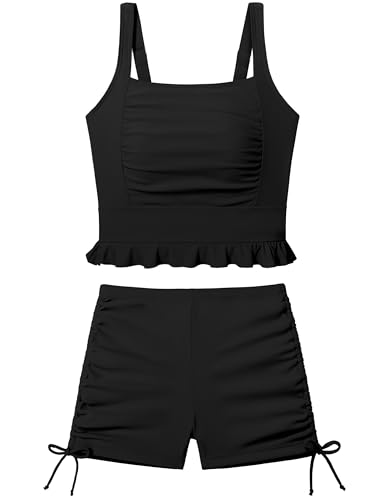 Image of Girls Swimsuit Two Piece Bathing Suit Ruffle Trim Swimsuits for Girls Tankini with Drawstring Shorts Swimwear 9-18Y