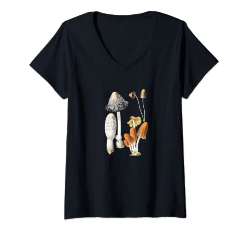 Femme Mycologie des champignons Coprin chevelu vintage T-Shirt avec Col en V