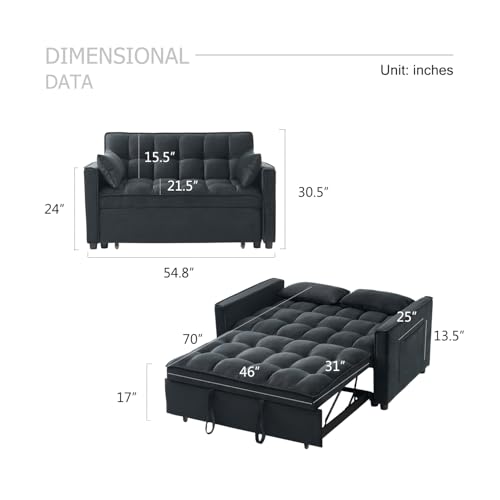 ECHINGLE Sleeper Sofa Bed, 3-in-1 Velvet Pull Out Couch with Armrests, Storage Pockets and 2 Pillows, Adjustable Backrest, Pull Out Sofa Bed Couch for Living Room, Bedroom(Black)