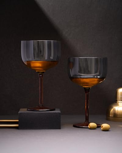 Image of CAR-O-BAR Ebony Wine & Cocktail Glass | Greyish Black with Red Stem | Set of 2 | 240ml Crystal Thick Cut Heavy Base Crystal Wine Glass | Perfect for Cocktails