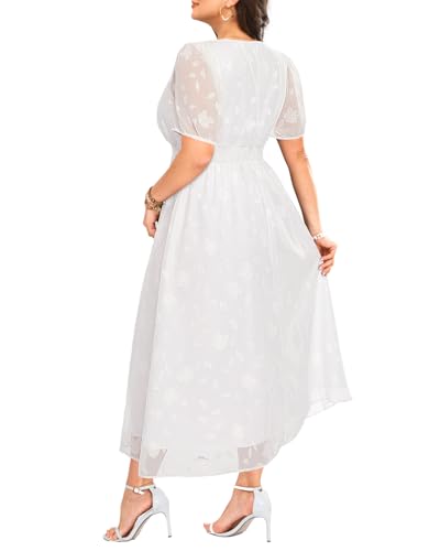 Image of Pinup Fashion Plus Size Wedding Guest Chiffon Semi Formal Maxi Dress | Chiffon, V-neckline, short sleeves, shirred waist, textured floral pattern, maxi length, versatile for all seasons