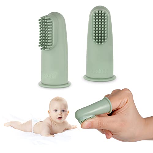 Image of haakaa Baby Finger Toothbrush,Soft Food Grade Silicone,for Training Teething and Oral Cleaning,0 Months+, 2 Pack, Pea Green