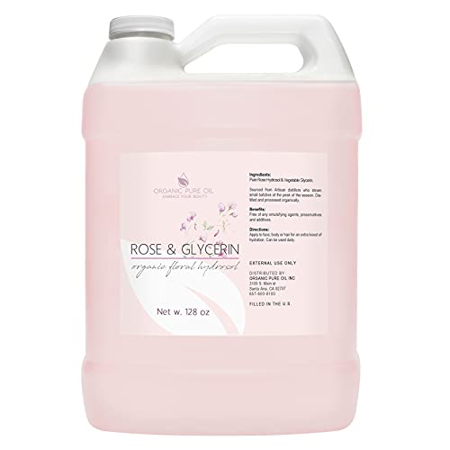 Rosewater Glycerin Mist Toner Bulk Spray Facial Body Floral Cleanser 100% Pure Rose Hydrosol and Vegetable Glycerine Moisturizing Cleansing Toning Mix for Face Skin Hair Body (128 Ounces / 1 Gallon)