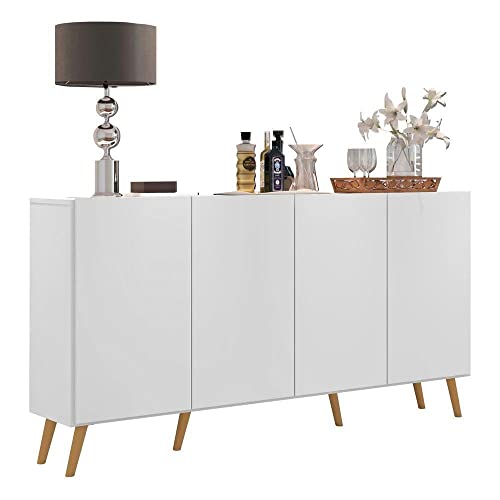 Aparador Buffet Retrô Veneza com Pés retrô e 4 Portas: Armário Organizador Multiuso (Cozinha, Sala de Jantar, Estar) - Branco Fosco - Multimóveis