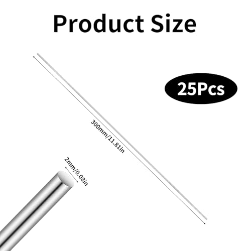 25 Stück Edelstahlstäbe Metallstange, 2 x 300mm 304 Edelstahlstäbe,Edelstahl Stahlstange, Edelstahl Stange, Rundstahl für DIY-Handwerk Modellflugzeug Modellschiff Modellauto