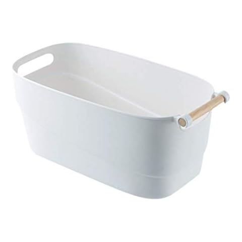 RyddeligHome Bathroom Storage Baskets Box Organiser Container Bin with Wooden Handle 9 litre for bathroom kitchen cupboards cabinets bedroom kids pantry caddy - pack of 1, white plastic decorative Cover
