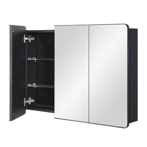 Image of IDYLLOR Bathroom Mirror Medicine Cabinet with Round Corner Framed Door 36 x 26 inch, Black,Recessed or Surface Mount, with Adjustable Glass Shelves