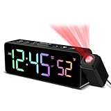 Netzu Projection Alarm Clock for Bedroom Ceiling, Compact Plug-in Digital Clocks with 180° Rotatable Projector, Temperature 4 Levels Birghtness, 3 Volumes and Snooze (RGB)
