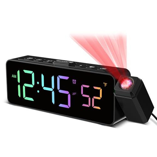 Réveil numérique avec projecteur à 180°, affichage de température, écran LED, 4 niveaux de luminosité, 3 niveaux de volume, fonction snooze de 9...
