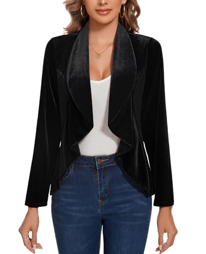 MINTLIMIT Womens Velvet Coat Casual Formal Draped Lapel Open Front Jacket Suits Long Sleeve Blazer with Ruffle Hem Outerwear,Black,L