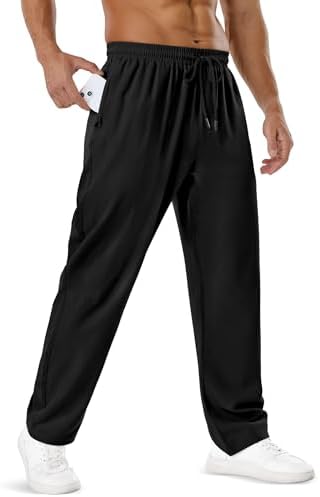 ASYJUMPD Mens Sweatpants Lightweight Quick Dry Straight Leg Hiking Pants 3 Zipper Pockets Drawstring Waist Athletic Pants Black Medium