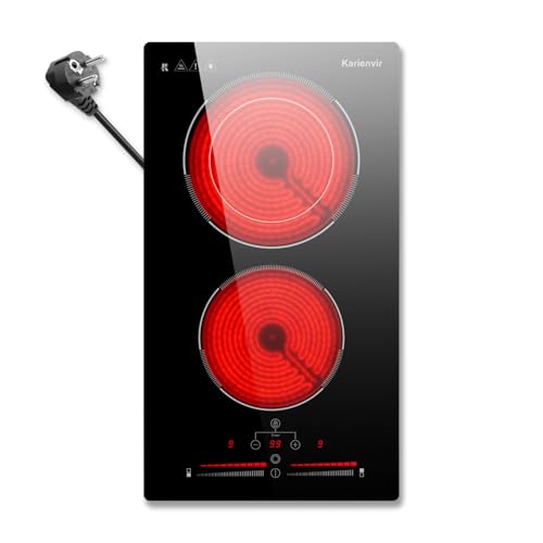 Karienvir Piano Cottura Vetroceramica 2 Fuochi, 30cm Piano Cottura in Vetroceramica a 2 Piastre con Spina, Fornello Elettrico Incasso 2 Piastre, blocco di sicurezza, timer, zona estesa, 3200 W