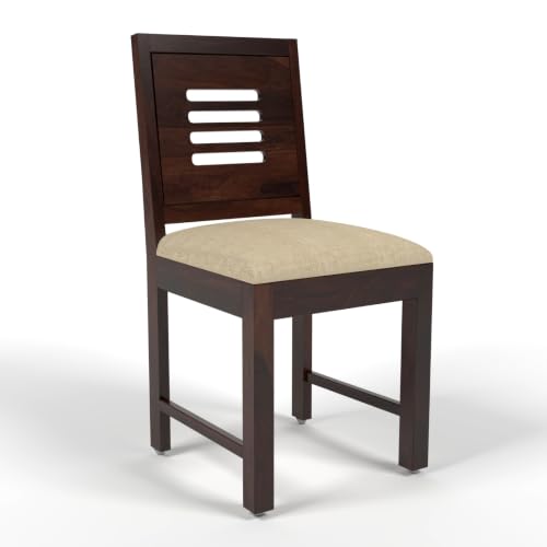 Image of Solid Sheesham Wood Dining Chair for Living Room & Dining Room | Wooden Chair with Upholstered Cushion Seat | Slatted Backrest