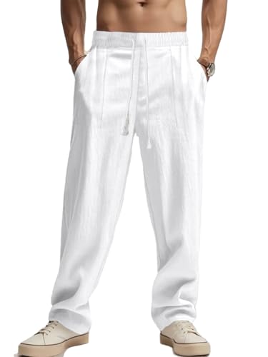 crazynekos Mens Cotton Linen Pants Casual Vacation Baggy Beach Pants Drawstring Yoga Trousers with Pockets