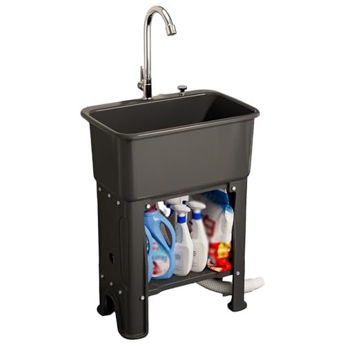 FORRTY Lavatoio Autoportante Con Asse Lavapanni E Ripiano, Stazione Di Lavaggio Da Esterno Con Rubinetto, Lavandino In Plastica For Cucina, Garage, Lavanderia, Giardino, Animali Domestici(Nero,40X76.5