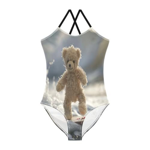 Teddy Bear Surfing Girls' Swimwear with Adjustable Shoulder Strap, 3-10T Beach Bathing Suit, Girls Athletic Swimsuit