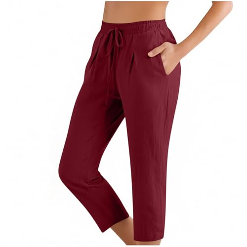 Image of ABABC Linen Capri Pants for Women Casual Straight Wide Leg Capri Pant Loose Lightweight Drawstring Beach Cropped Trousers
