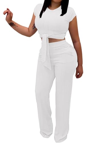 EDITCOZY Women 2 Piece Outfits Sexy Tie Front Crop Top Wide Leg Pants Sets Casual Summer Ribbed Two Piece Set White M