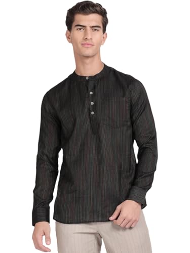 Image of KRYPTIC Men's Full Sleeve Regular Fit Short Kurta in Premium Pure Cotton with Patch Pocket and Mandarin Collar - Perfect Blend of Style and Comfort