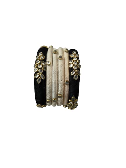 IJYA Sihan Handicrafts Kundan Work Silk Thread Bangle Kada For Women Girls 6 PC Set Wedding & Festive Occasion Handmade Multicolored Chudi Stone Studded (CREAM BLACK SHAND, 2.6) (B0C27KKRV6) Amazon Price History, Amazon Price Tracker