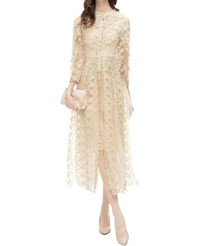 Women's Vintage Mesh Dress Long Sleeve Lace Patchwork Embroidery Long